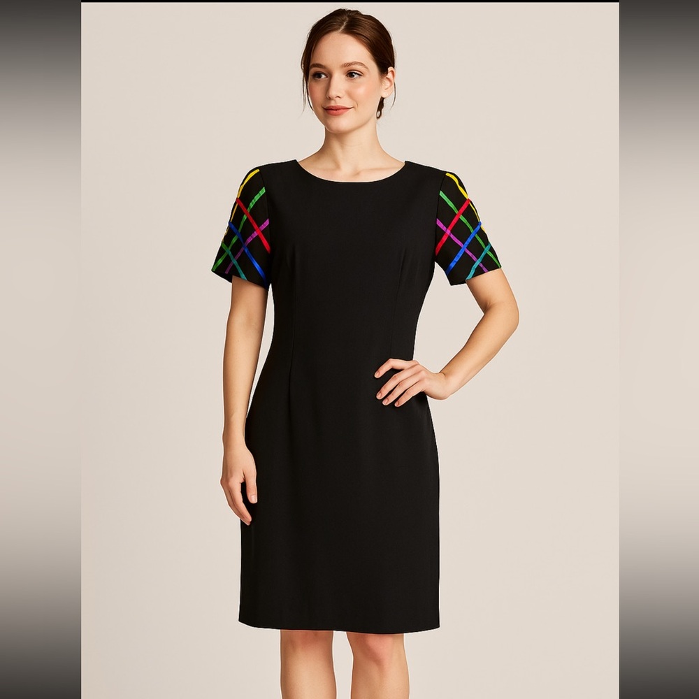 Melissa Collection Black Sheath Dress 6P – Colorful Ribbon Plaid Sleeve Detail,